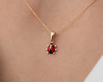14K Solid Gold Dainty Ladybug Pendant Necklace / Minimalist Ladybug Charm Jewelry For Women / Insect Necklace / Good Luck Necklace