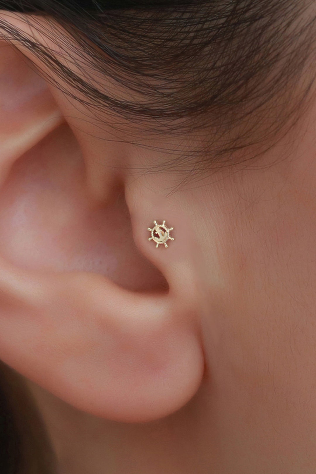14K Solid Gold Ship Rudder Tragus Piercing / Minimalist Flat Back Helix ...