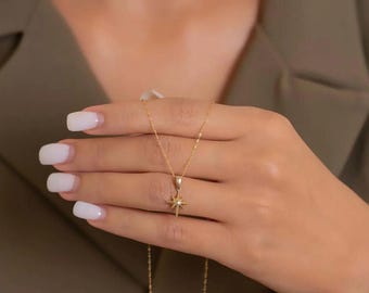 14K Solid Gold North Star Necklace: Celestial Jewelry Gift