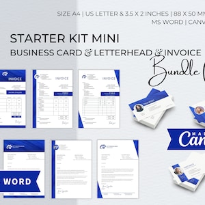 Bundle di modelli Word modificabili per starter kit, carta intestata aziendale moderna, fattura per piccole imprese, modello professionale per biglietto da visita Canva