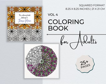 Pode incluir: Volume 4 de um livro para colorir para adultos com um design de mandala. A capa apresenta um padrão floral colorido e o título "Livro para colorir para adultos". O livro mede 21 cm x 21 cm e tem mais de 25 páginas.