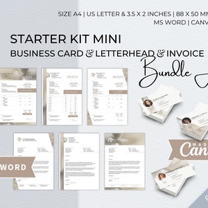 Pacchetto di modelli Word modificabili per kit iniziale, carta intestata aziendale moderna, fattura per piccole imprese, modello di biglietto da visita professionale Canva