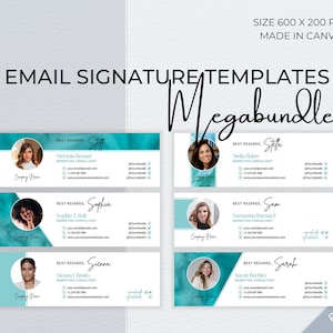 May include: Six email signature templates with a teal and white color scheme. Each template features a woman's headshot, a professional title, and contact information. The text "BEST REGARDS" appears above each signature.