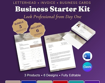 May include: A business starter kit featuring letterhead, invoice, and business cards with a metallic gold and white design. Text includes "Business Starter Kit," "Look Professional from Day One," "BUNDLE 3 PRODUCTS," and "INCLUDES 6 DESIGNS."