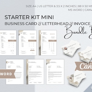 Pacchetto di modelli Word modificabili per kit iniziale, carta intestata aziendale moderna, fattura per piccole imprese, modello di biglietto da visita professionale Canva