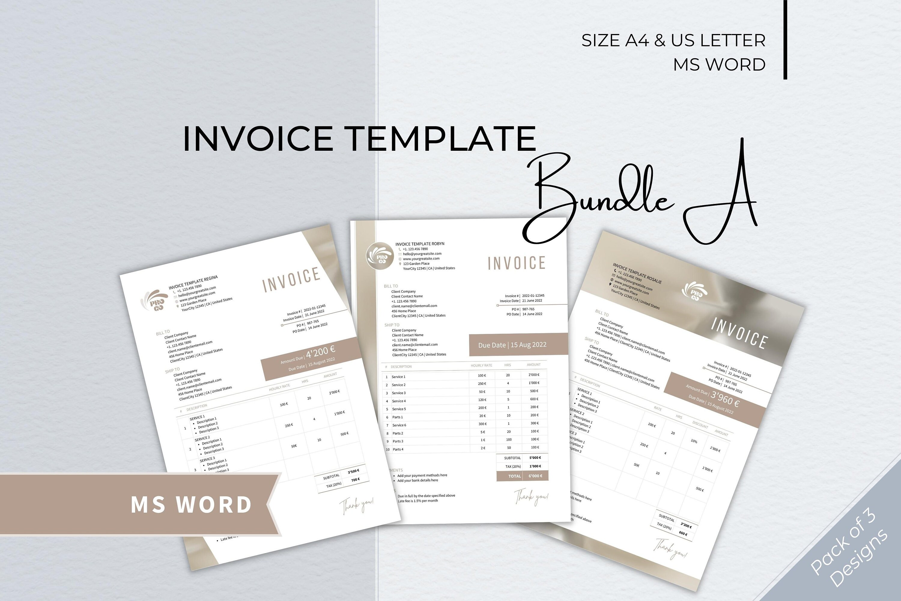 Editable Invoice Template Bundle, Modern Business Form (A4 & US Letter ...