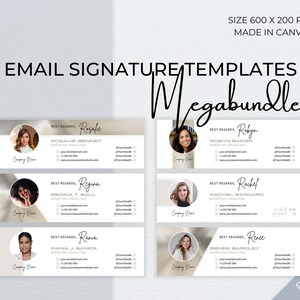 May include: A set of six email signature templates in a light grey and gold colour scheme. Each template features a woman's headshot, her name, job title, and contact information. The text "Best Regards" is included in each template. The text "Pack of 6 Designs" is at the bottom of the image.