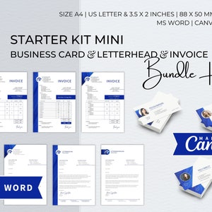 Bundle di modelli Word modificabili per starter kit, carta intestata aziendale moderna, fattura per piccole imprese, modello professionale per biglietto da visita Canva