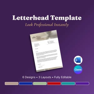 Può includere: Un modello di carta intestata con un'intestazione beige e bianca con informazioni di contatto, un corpo di testo segnaposto e una riga per la firma. La grafica include icone di Microsoft Word e Canva, con il testo 6 Designs, 3 Layouts, Fully Editable.