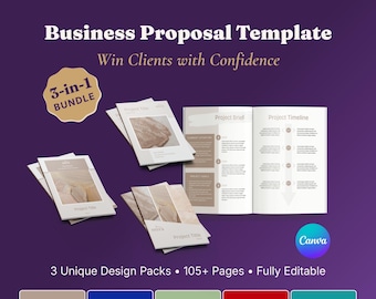 May include: A business proposal template 3-in-1 bundle featuring multiple document layouts with beige and white color schemes. The text includes Business Proposal Template, Win Clients with Confidence, 3-in-1 BUNDLE, Project Brief, Project Timeline, and Canva.