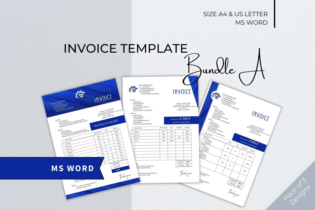 Editable Invoice Template Bundle, MS Word, A4 & US Letter (digital ...