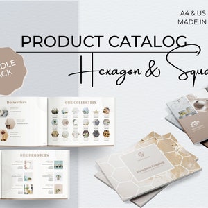 Puede incluir: Un paquete de catálogos de productos con diseños hexagonales y cuadrados. Las cubiertas de los catálogos incluyen un patrón geométrico con un fondo marrón claro y líneas blancas. El texto "Catálogo de productos" está impreso en la portada. El catálogo está disponible en tamaños A4 y US Letter y está hecho en Canva. El catálogo tiene más de 70 páginas.