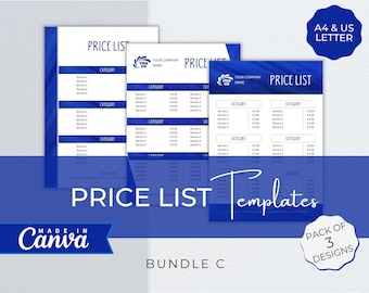 Plantilla de lista de precios editable, diseño de Canva (A4 y carta)