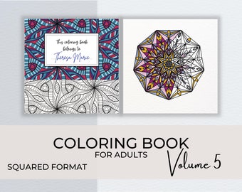 Puede incluir: Portada de libro para colorear con un diseño de mandala en tonos de rosa, amarillo y azul. El texto "Este libro para colorear pertenece a Theresa Marie" está en la portada. El libro es para adultos y está en formato cuadrado. Volumen 5.