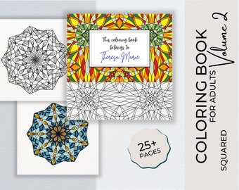 Puede incluir: Un libro para colorear para adultos con un diseño de mandala colorido en la portada. El libro tiene más de 25 páginas y se titula "SQUARED COLORING BOOK FOR ADULTS Volume 2".