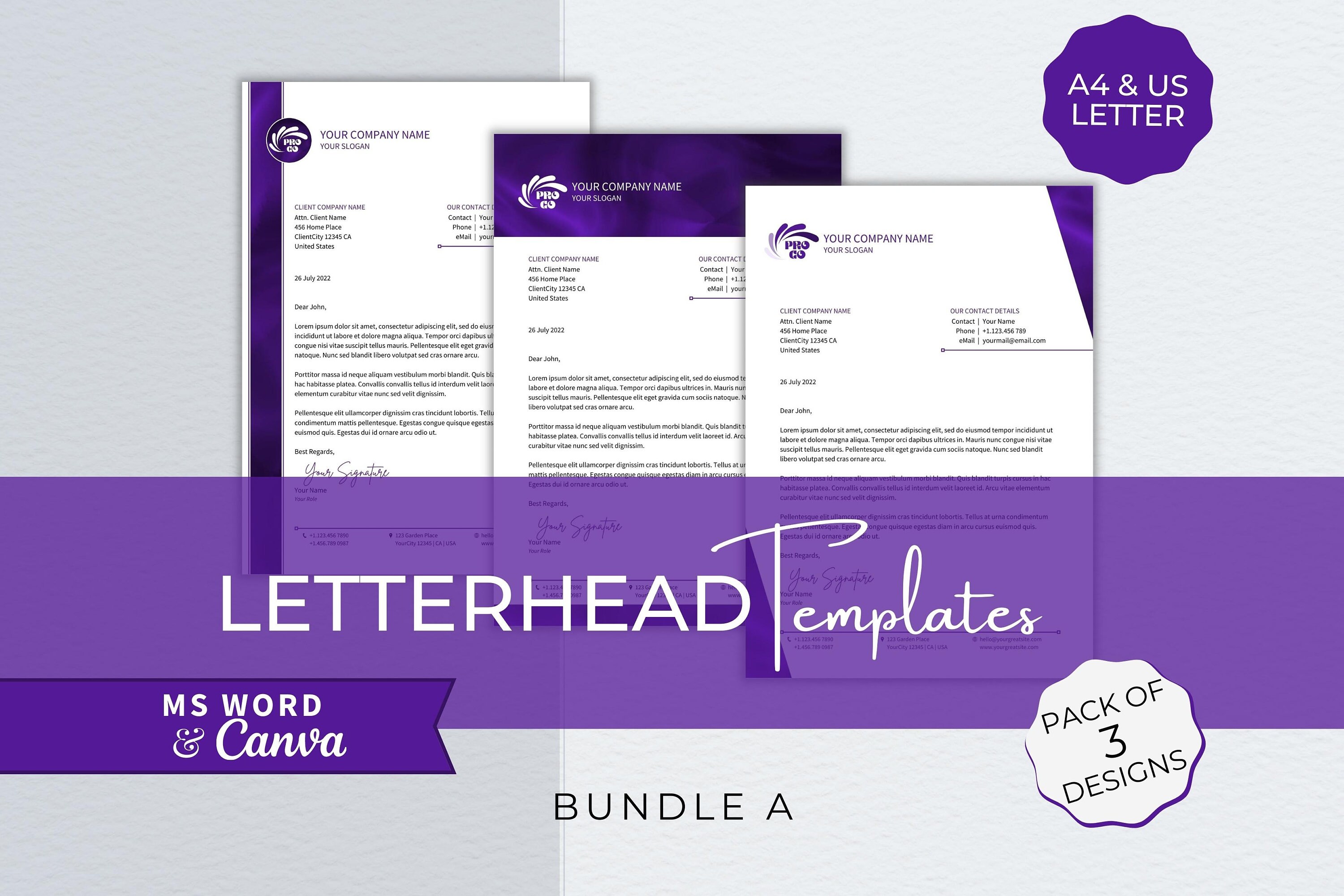 Letterhead Word+Canva Template Bundle, Modern Editable Business Letterhead, Letterhead for Small Business, Professional Letterhead Template