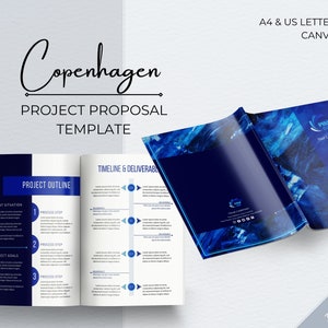 Puede incluir: Una plantilla de propuesta de proyecto azul y blanca con el título "Copenhagen Project Proposal Template". La plantilla incluye secciones para el esquema del proyecto, la línea de tiempo y los entregables, y el título del proyecto. La plantilla está diseñada para usar con Canva y está disponible en tamaños A4 y carta de EE. UU.