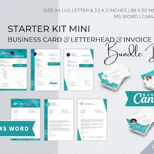 Pacchetto di modelli Word modificabili per kit iniziale, carta intestata aziendale moderna, fattura per piccole imprese, modello di biglietto da visita professionale Canva