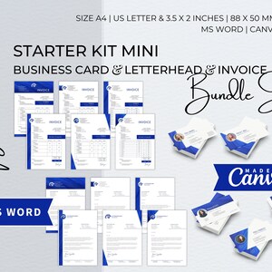 Bundle di modelli Word modificabili per starter kit, carta intestata aziendale moderna, fattura per piccole imprese, modello professionale per biglietto da visita Canva