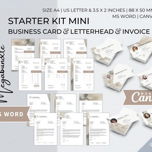 Pacchetto di modelli Word modificabili per kit iniziale, carta intestata aziendale moderna, fattura per piccole imprese, modello di biglietto da visita professionale Canva