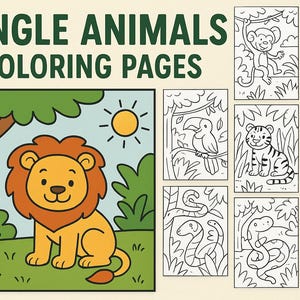 Jungle Animal Coloring Pages for Kids – 14 Printable Safari Jungle Animals Activity Sheets – Cute Wildlife Coloring Book – Instant Download