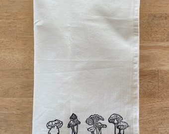 Hand printed mushroom tea towel