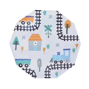 May include: A white octagonal paper plate with a train theme. The plate features a blue train with black wheels, a yellow train car, a gray train station with a clock, and a black and white railroad track design.