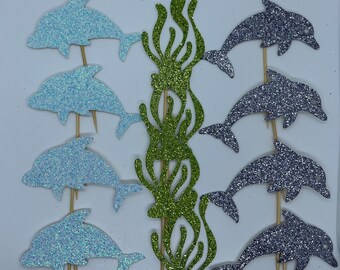 Unimall 24 Pièces Dolphin Cupcake Toppers Blue Glitter Dauphin Gâteau