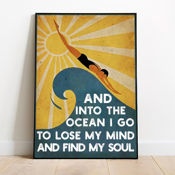 Vintage poster, Swimming poster inspired by Gert Sellheim Art - Into The Ocean I Go, Printable Art Prints, Modern Wall Art, Instant Download