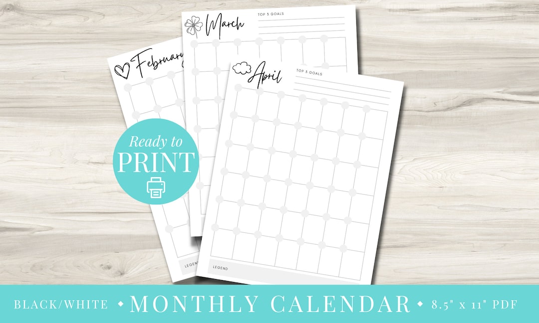 Digital Monthly Calendar Printable Letter Size | Black and White ...