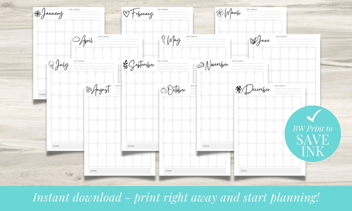 Digital Monthly Calendar Printable Letter Size Black and White Planner ...
