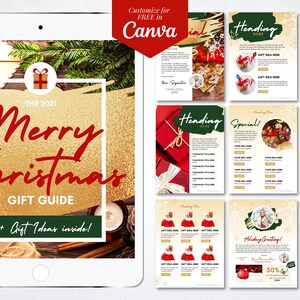 May include: A digital tablet displaying a Christmas gift guide with a gold and red colour scheme. The guide features the text "The 2021 Merry Christmas Gift Guide" and "30+ Gift Ideas Inside!"