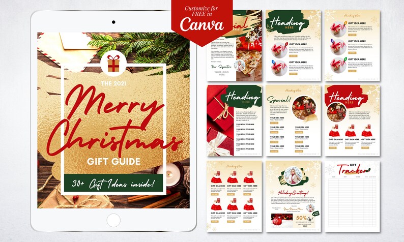 May include: A digital tablet displaying a Christmas gift guide with a gold and red colour scheme. The guide features the text "The 2021 Merry Christmas Gift Guide" and "30+ Gift Ideas Inside!"