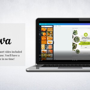 May include: A laptop computer displaying the Canva design platform. The screen shows a design with the text "15 Unique Ways to Help Your Plants Thrive". The design features a green background with images of succulents.