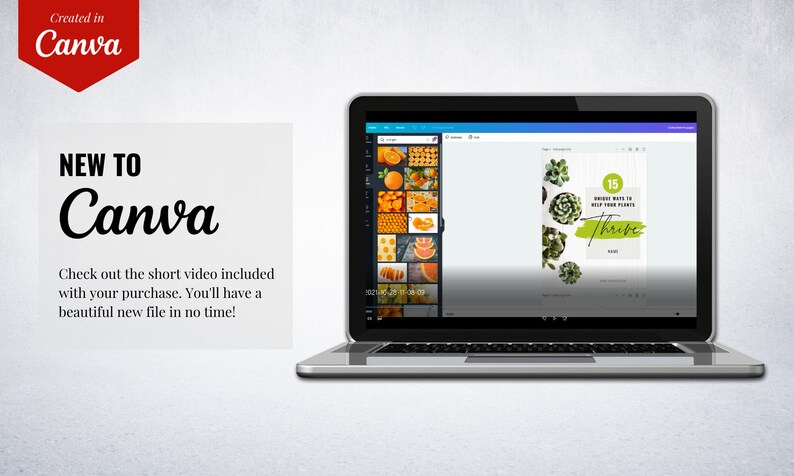 May include: A laptop computer displaying the Canva design platform. The screen shows a design with the text "15 Unique Ways to Help Your Plants Thrive". The design features a green background with images of succulents.