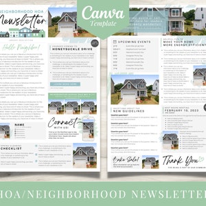 Modèle Canva de Newsletter de quartier HOA 11 x 17 pouces | Lettre Eblast modifiable mensuellement bleu et vert