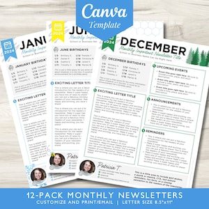 Plantilla Canva de boletín informativo de calendario mensual / Diseño de boletín informativo escolar / Plantilla de envío editable / Cartas comunitarias anuales