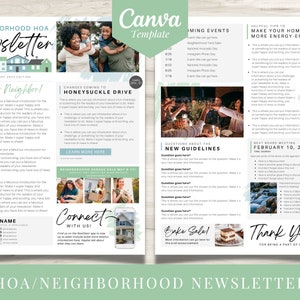 8.5x11 HOA Neighborhood Newsletter Canva Template   |  Blue and Green Monthly Editable Eblast Letter