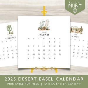 Calendario de mesa imprimible con cactus del desierto / Mini calendario digital 2025 / Calendario de caballete imprimible con cactus del desierto del oeste / Calendario del desierto de Arizona