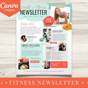 Plantilla de Canva para boletín informativo sobre salud y fitness / Plantilla editable de Canva para boletín informativo sobre ejercicios / Plantilla de Canva en tonos menta y coral / Marketing digital