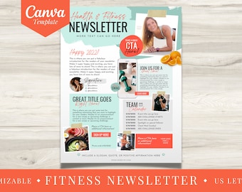 Health and Fitness Newsletter Canva Template  |  Editable Exercise Letter  |  Mint and Coral Canva Template  |  Digital Marketing