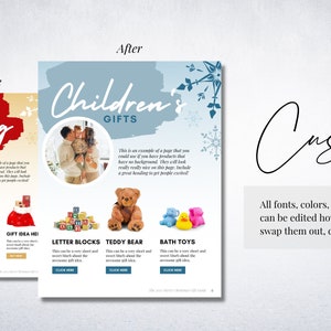 May include: A blue and white page with the text "Children's Gifts" at the top. The page features images of toys, including letter blocks, a teddy bear, and bath toys. The text "This is an example of a page that you could use if you have products that have no background. They will look really nice on this page. Include a great heading to get people excited!" is also included.