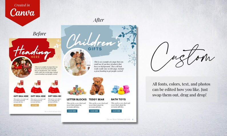 May include: A blue and white page with the text "Children's Gifts" at the top. The page features images of toys, including letter blocks, a teddy bear, and bath toys. The text "This is an example of a page that you could use if you have products that have no background. They will look really nice on this page. Include a great heading to get people excited!" is also included.