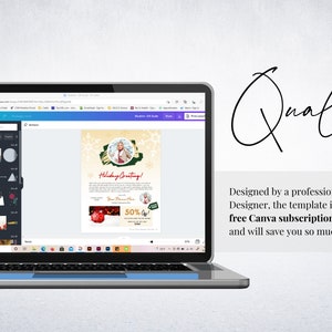 May include: A computer screen showing a Canva design template for a holiday greeting card. The template features a photo of a woman in a festive setting, a red bauble, and the text "Holiday Greetings!" and "50% Off".