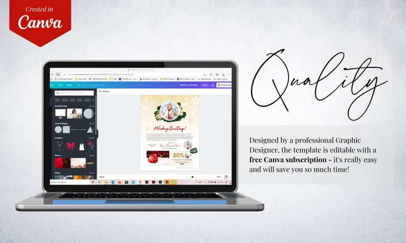 May include: A computer screen showing a Canva design template for a holiday greeting card. The template features a photo of a woman in a festive setting, a red bauble, and the text "Holiday Greetings!" and "50% Off".