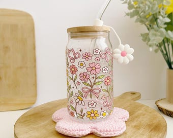 Spring Floral Glass Tumbler: Coquette Iced Coffee Cup, 16oz