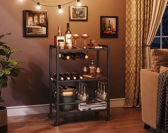 Bar Cart, 3-Tier, Rolling Cart, Coffee Cart, Kitchen Island, Rolling Beverage Cart, Wine Cart