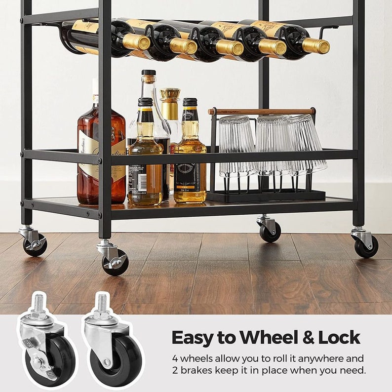 Bar Cart, Industrial, Rolling Cart, Coffee Cart, Kitchen Island, Rolling Beverage Cart, Wine Cart image 6