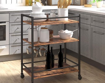 Bar Cart, Rustic, 3-Tier, Rolling Cart, Coffee Cart, Kitchen Island, Rolling Beverage Cart, Wine Cart