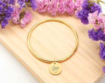 Customizable smooth bangle bracelet charm stainless steel gold silver rose gold gift idea for women mom godmother grandmothers mistress